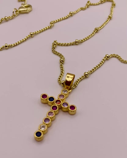 Stainless Steel Cross Pendant with Multicolored Zircon - Gold Plated Necklace | Jewel Radiance
