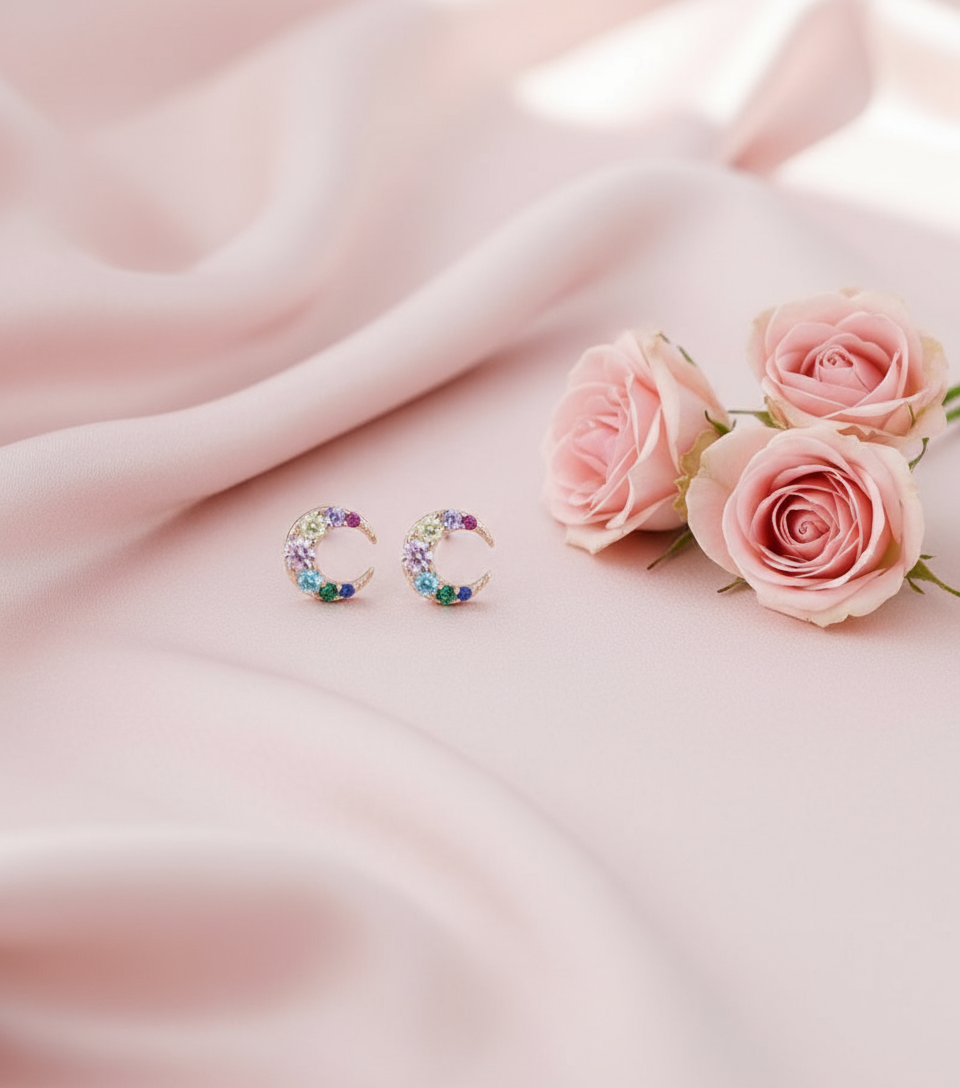Rainbow crescent earrings with blush pink roses