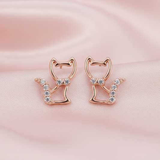 Rose Gold Cat Earrings on Blush Silk
