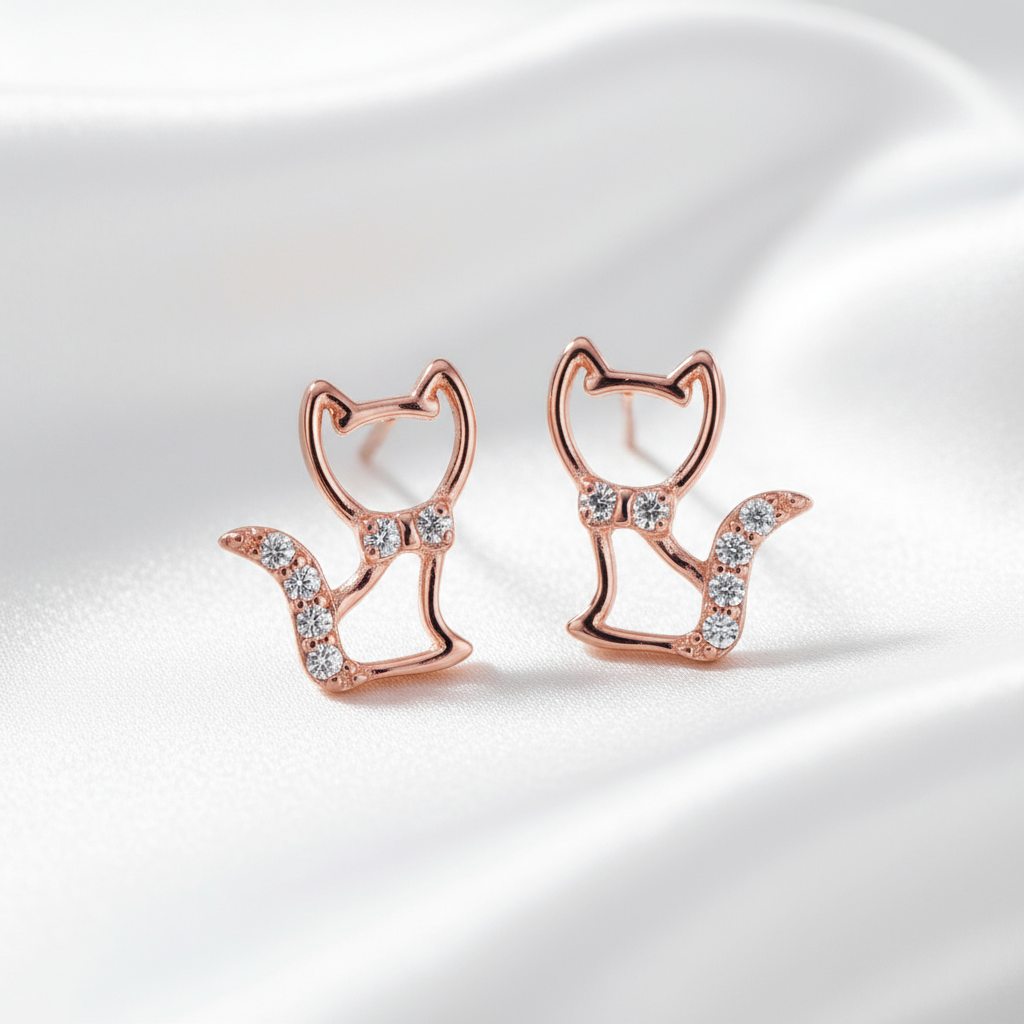 Rose Gold Cat Earrings on White Silk