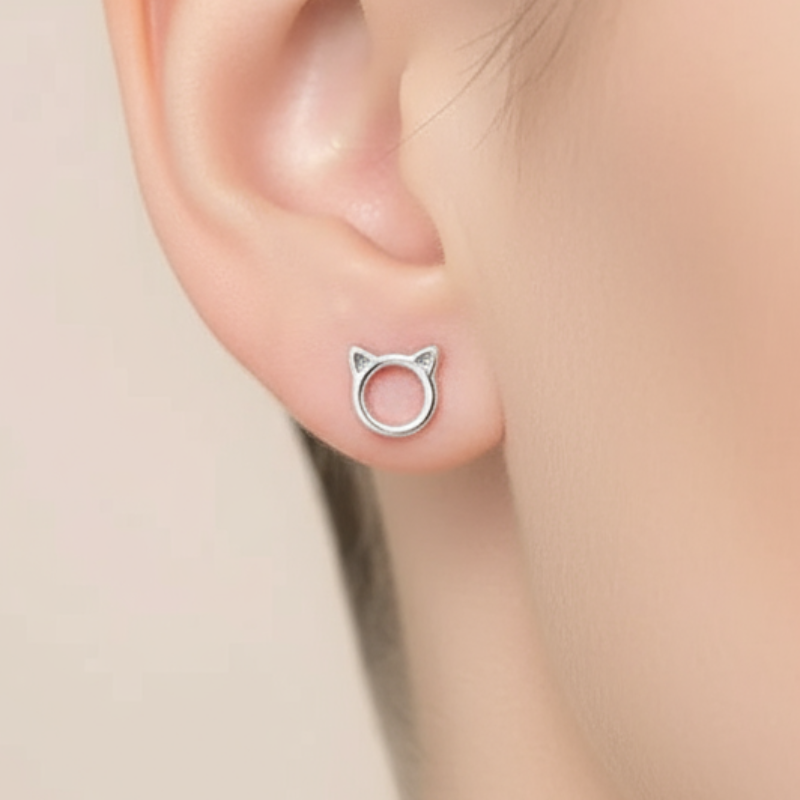 Sterling Silver Cat Ear Studs on Ear